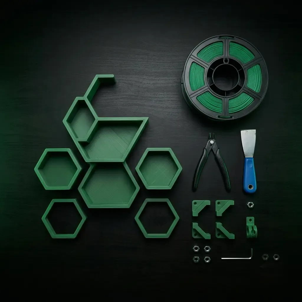 Bàn làm việc xưởng Ichigo Studio: phụ kiện in FDM màu xanh, cuộn filament và dụng cụ