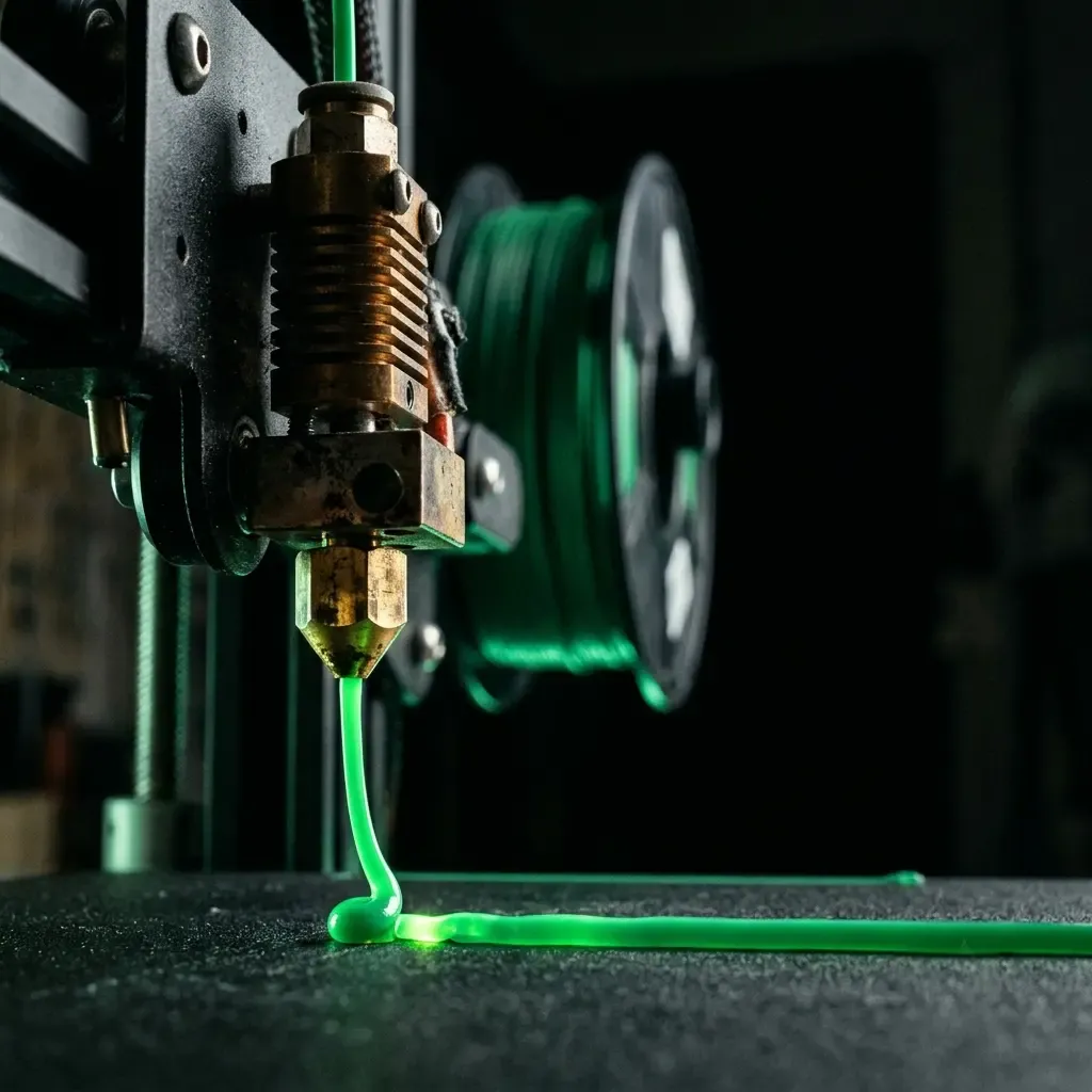 Đầu phun máy in 3D FDM đang đùn nhựa filament xanh - Ichigo Studio